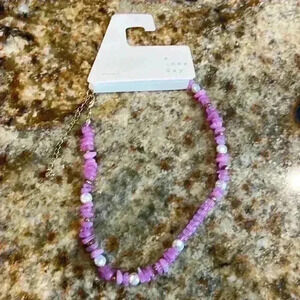 Pink beaded necklace with gold and pearl accents church wedding brunch chic